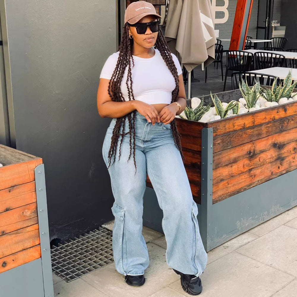 European and american style denim workwear pants  cross-border new arrival women's american street style large flap pocket pants high waiststraight-leg pants