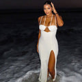 Fashion styleexportcut outpure color hip-covering slit asymmetrical skirt silmbacklesshalterlongdress women's clothing trend