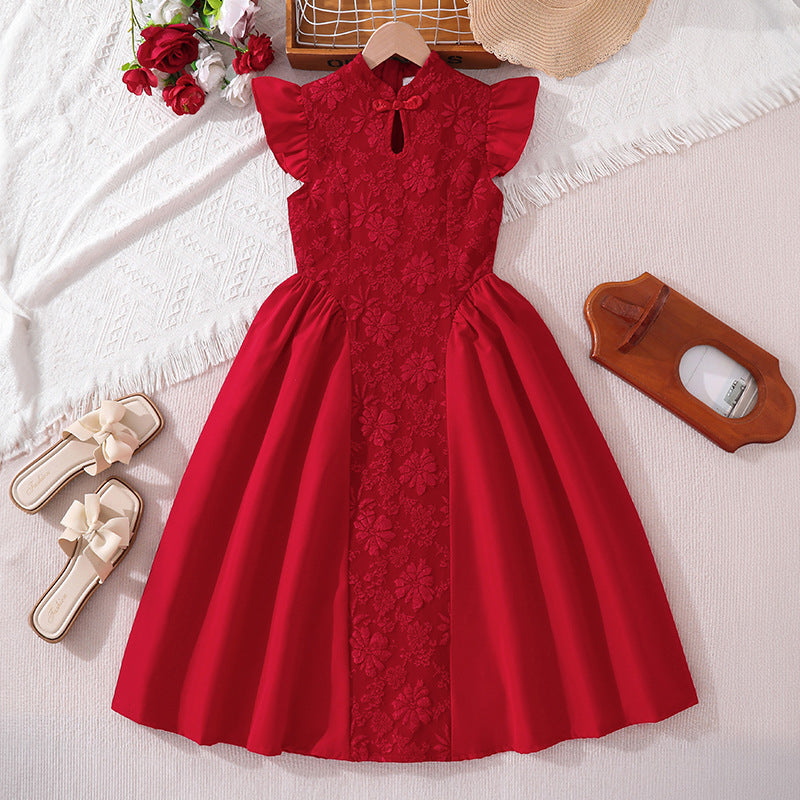 Girldress cross-border children's clothing summernew arrival red chinoiserie heavy industry embroideredpatchwork waist dress princess dress