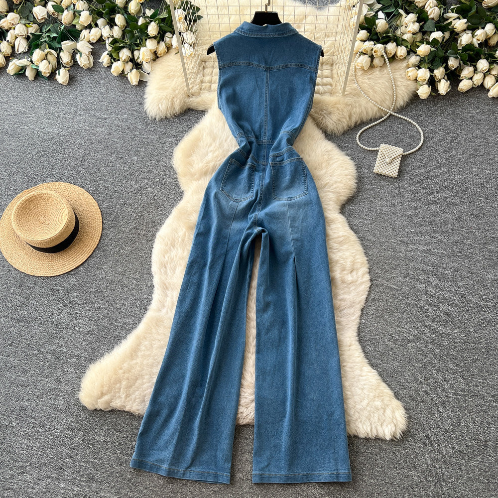 Commuting style casualsilm denim jumpsuit women's summerstraight-legpants sleeveless lapel button waist slimming look