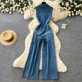 Commuting style casualsilm denim jumpsuit women's summerstraight-legpants sleeveless lapel button waist slimming look