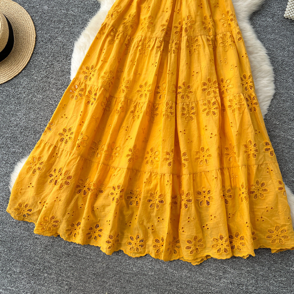 Yellow vacation dress for women,  new arrival: soft & elegant v-neck, cutout embroidery, cinched waist, flowy maxi dress