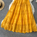 Yellow vacation dress for women,  new arrival: soft & elegant v-neck, cutout embroidery, cinched waist, flowy maxi dress