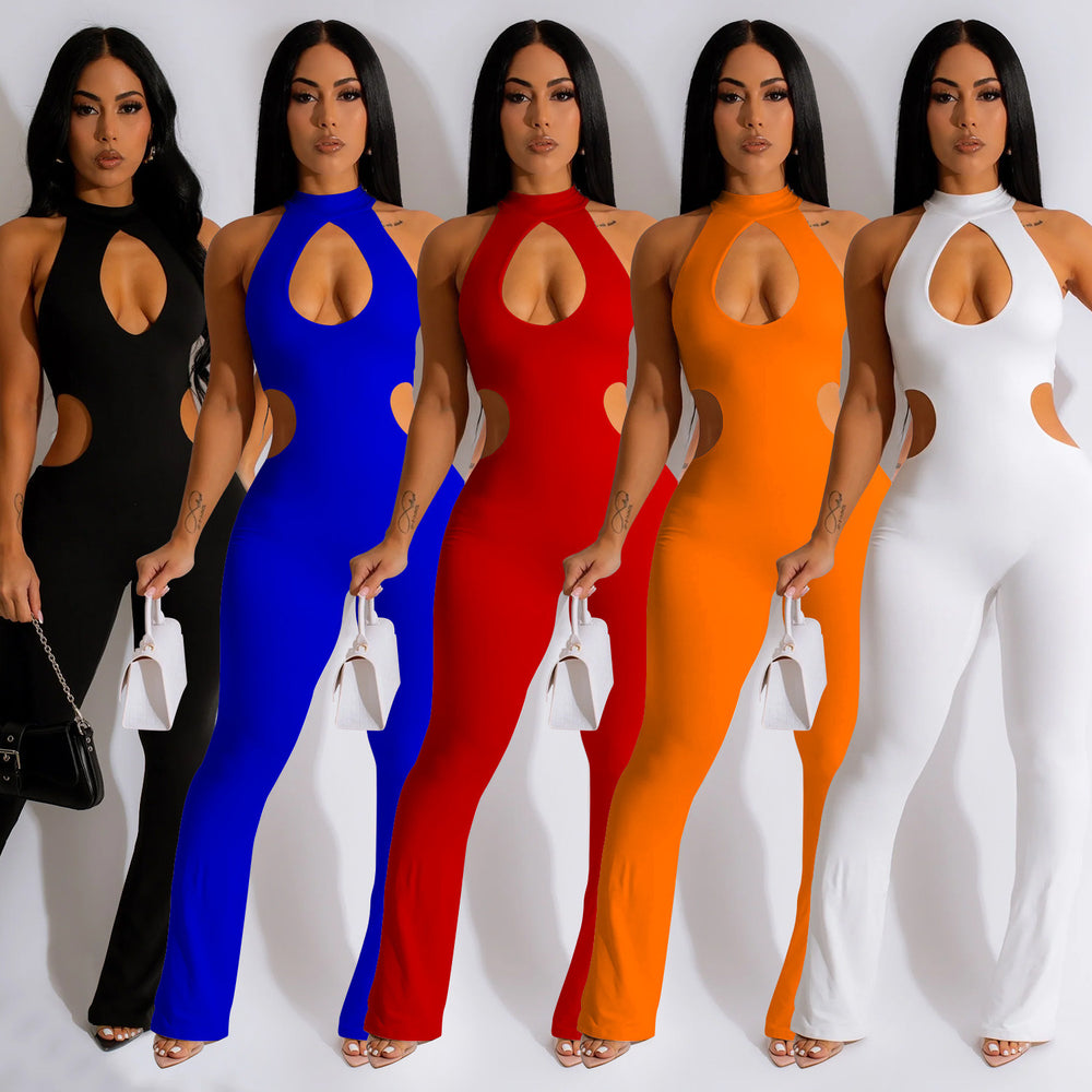 C6580 cross-border   fashion women's solid color sexy halter neck cutout long pants jumpsuit