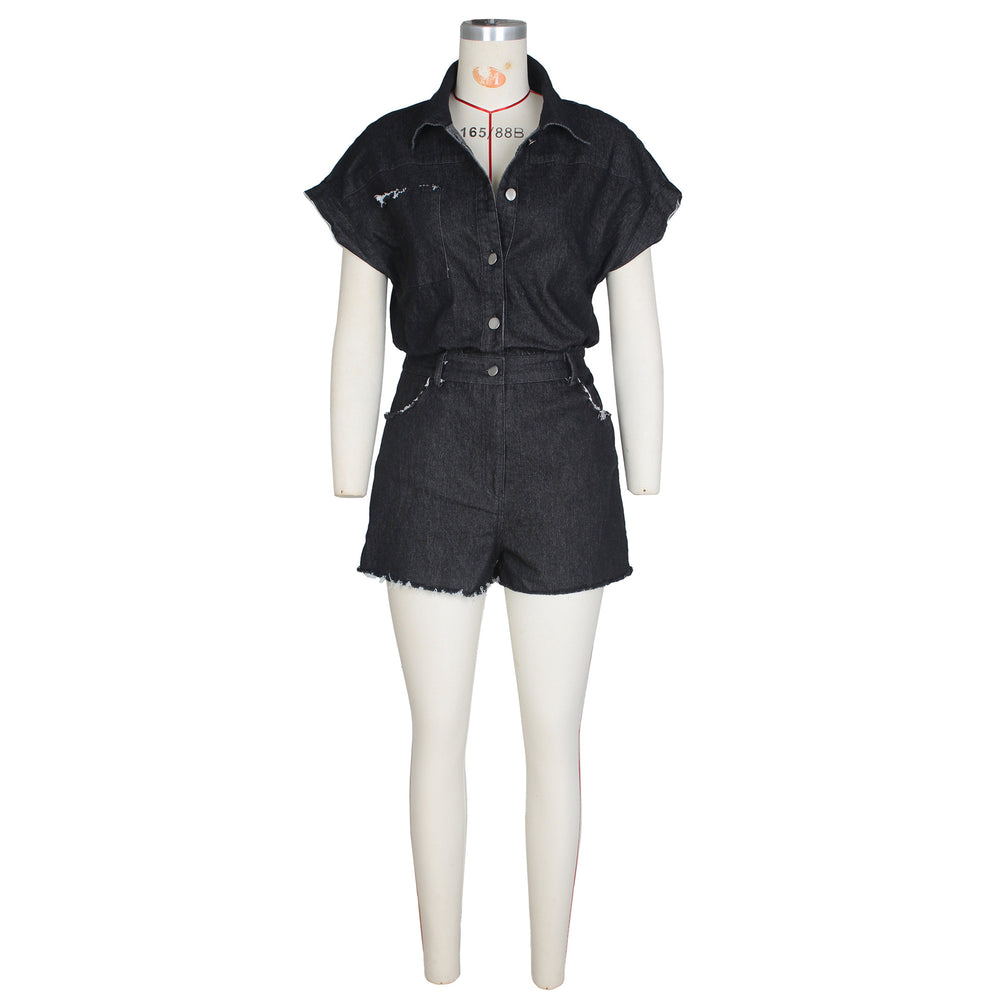 Amazon cross-border hot seller: european and american style sexy short-sleeve stretch denim jumpsuit romper - new summer collection