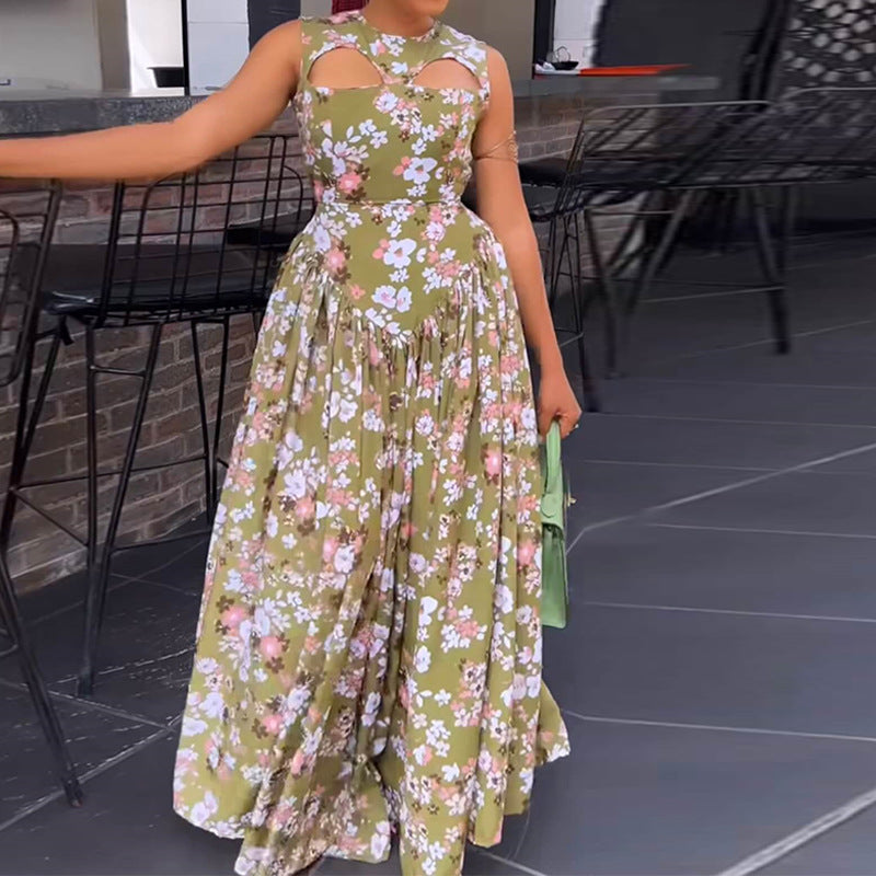 European and american cross-border women's clothing:  summer new arrival - elegant round neck, hollow-out, slim-fit, mid-length sleeveless dress