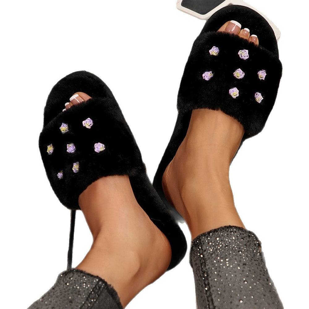 amazon ins one-word cotton slippers winter home plush slippers women's indoor and outdoor rose flower furry slippers