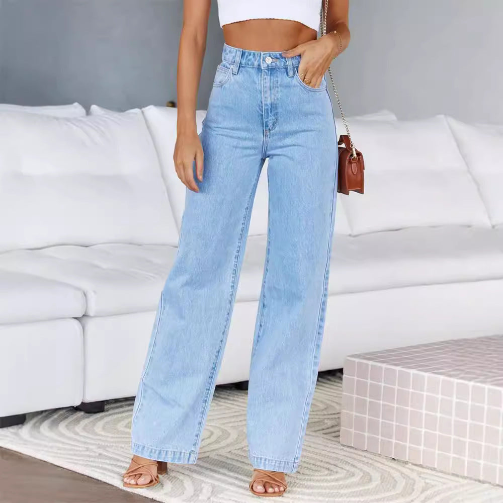women's jeans:   hot-selling european and american style elegant commute wide-leg jeans, washed stretch denim