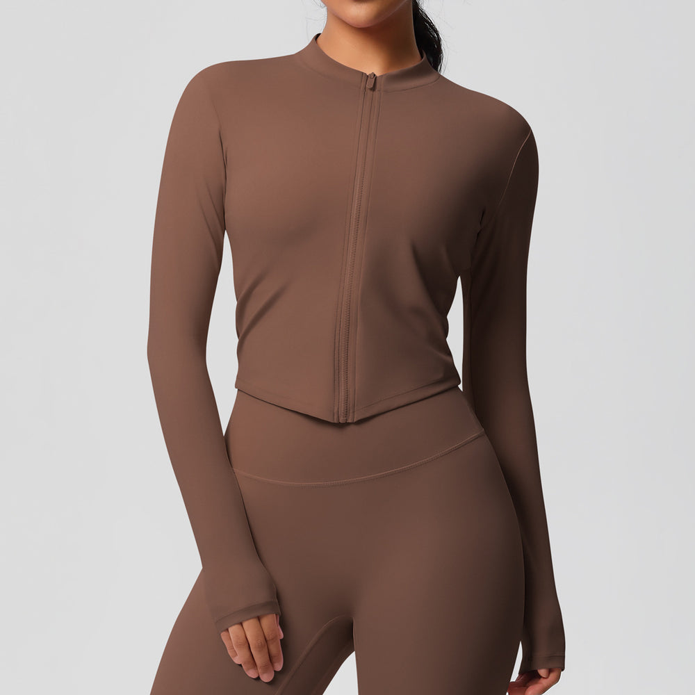 Ready-to-ship cross-border quick-dry brushed fleece workout zip-up top - women's running, activewear, and yoga long sleeve