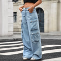 European and american cross-border e-commerce multi-pocket cargo pants,  autumn new collection, high-waisted straight-leg wide-leg denim trousers for women