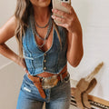Wish independent station fashion cross-border new style stylish hot girl women's sleeveless single breasted v neck tops denim vest