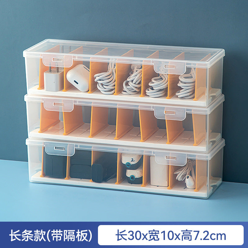 Desktop long rectangular storage box with lid grid transparent storage box flip plastic data cable storage box