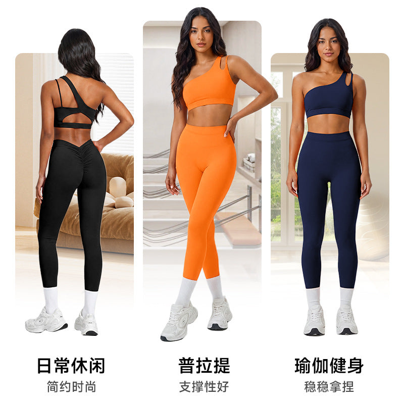 Fashion nude pleated yoga pants women's tight high waist hip lifting peach sports fitness pants breathable running pants