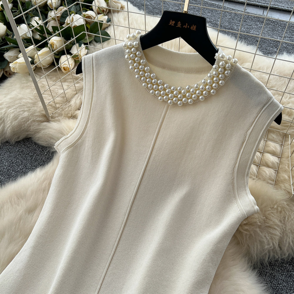 Summer chic: beaded, sleeveless, slim-fit knit dress - french style color block sweater dress for women