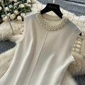 Summer chic: beaded, sleeveless, slim-fit knit dress - french style color block sweater dress for women