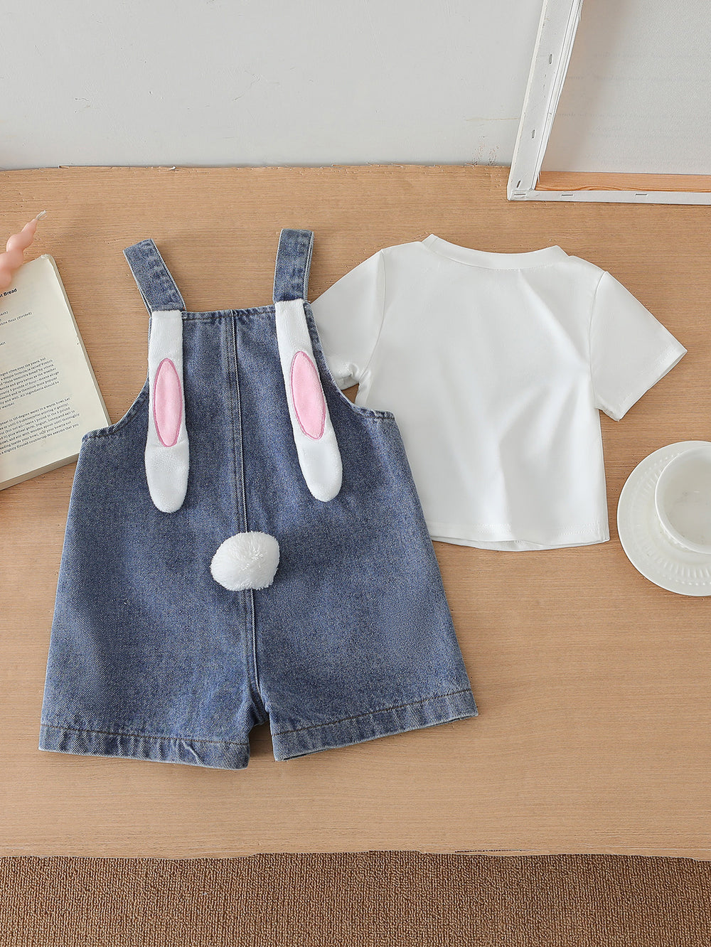 new cross-border baby & toddler printed top + 3d bunny ear overalls denim jumpsuit two-piece set
