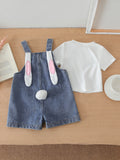 new cross-border baby & toddler printed top + 3d bunny ear overalls denim jumpsuit two-piece set