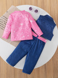 cross-border e-commerce exclusive: faux denim print vest, crew neck top, and pants 3-piece kids' set