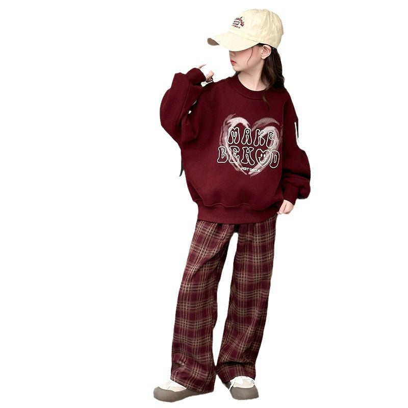 Girls' fleece-lined sweatshirt set - new autumn/winter  collection - crew neck top & plaid pants for mid-to-large children - trendy style