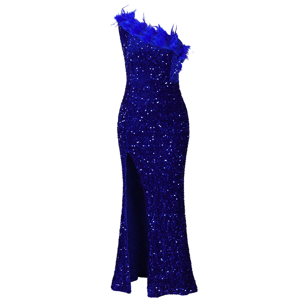 C8591  foreign trade women's summer sexy fashion feather asymmetrical neckline banquet dress sequin slit maxi dress