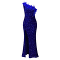 C8591  foreign trade women's summer sexy fashion feather asymmetrical neckline banquet dress sequin slit maxi dress