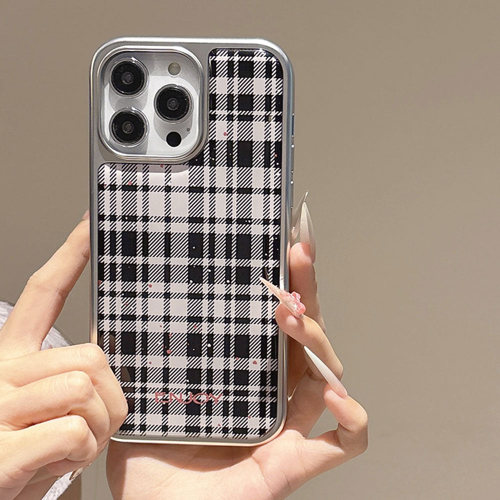 Black and white checkered iphone 17 pro max electroplated shockproof phone case, apple 16 silver edge drip glue protective cover