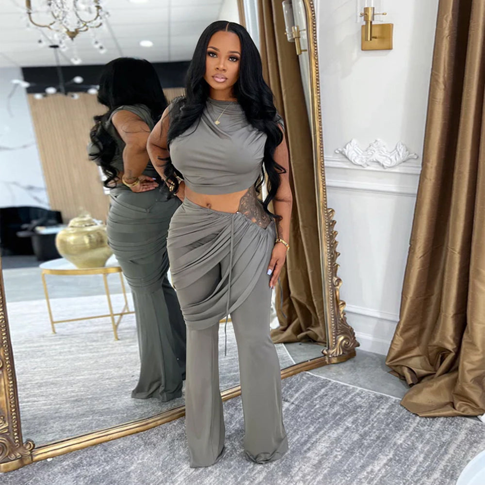 C7528 cross-border   fashion women's casual sleeveless cropped top and pants two-piece set