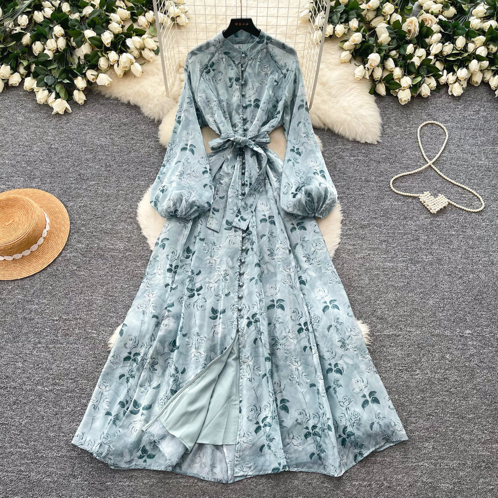 Frenchromantic style lantern sleeve printingdress female k-style waist slimming look a-line long skirt work clothingelegantelegance
