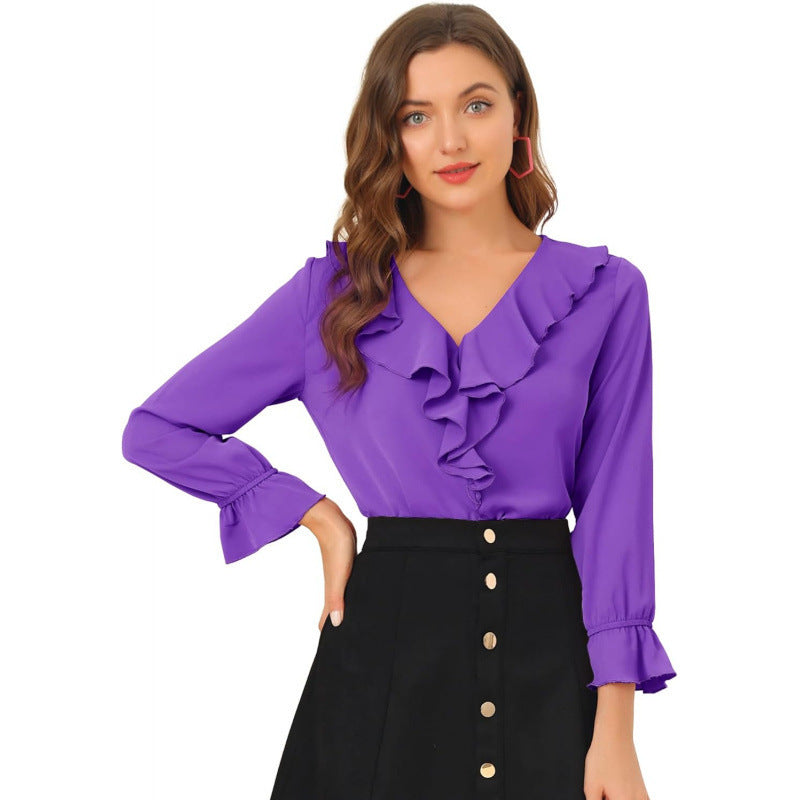 Amazon fashion ruffles chiffon long sleevesshirt women's  spring new arrival pure desire v necktops women