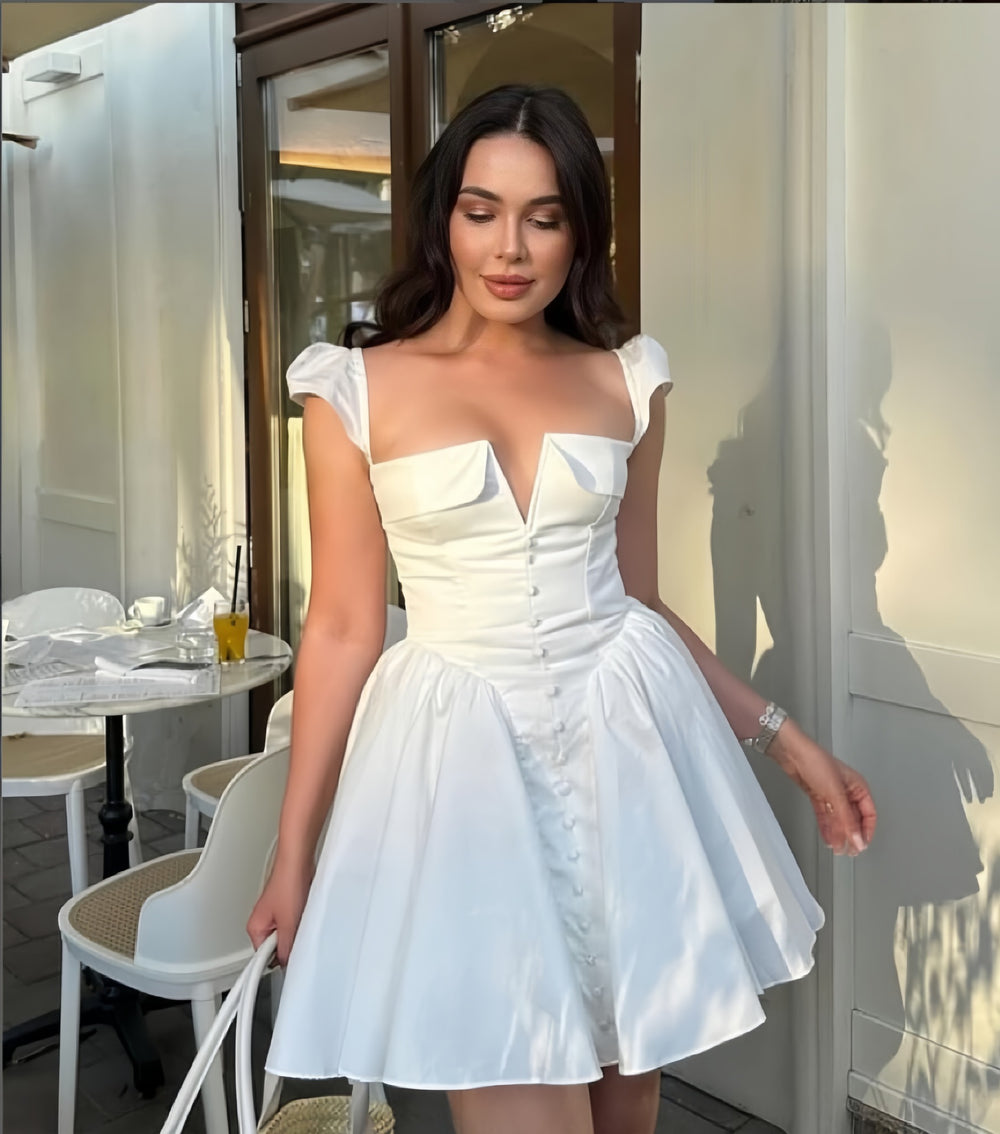 Fashion cross-border women's clothing  early spring pure color flying sleeves v neck buttons waist pleated short elegantdress