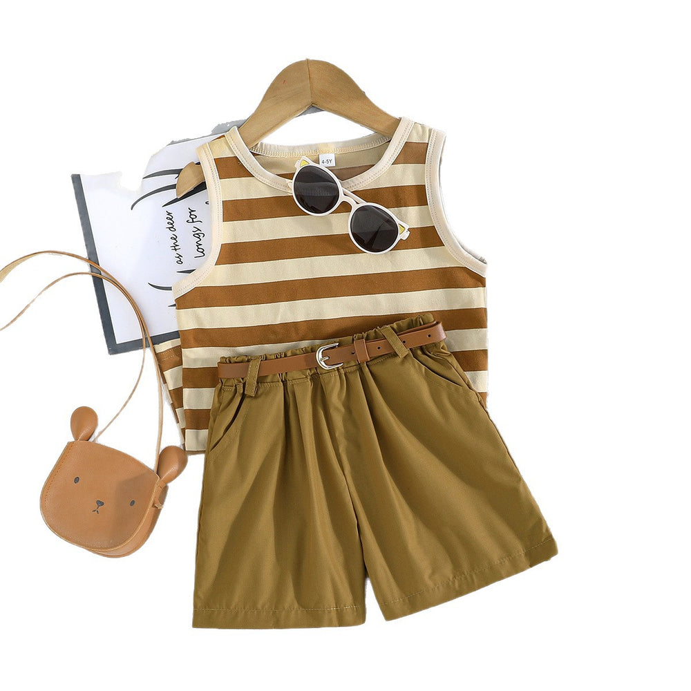 summer new arrivals: girls' striped trim tank top and casual shorts two-piece set - the perfect outfit for shopping!