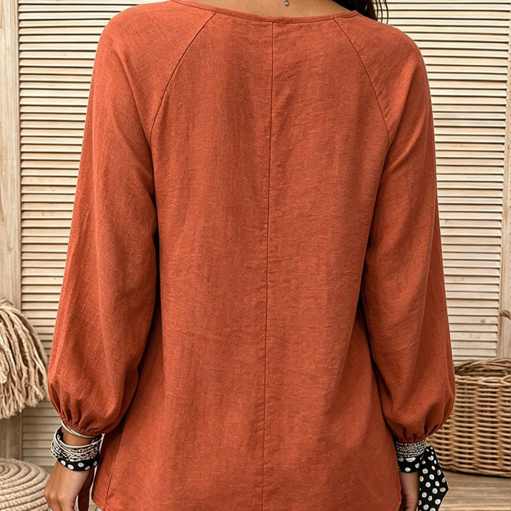 Export holiday style doll textured linen round neck cuff long sleeves pleated hem loose pullover shirt