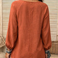 Export holiday style doll textured linen round neck cuff long sleeves pleated hem loose pullover shirt