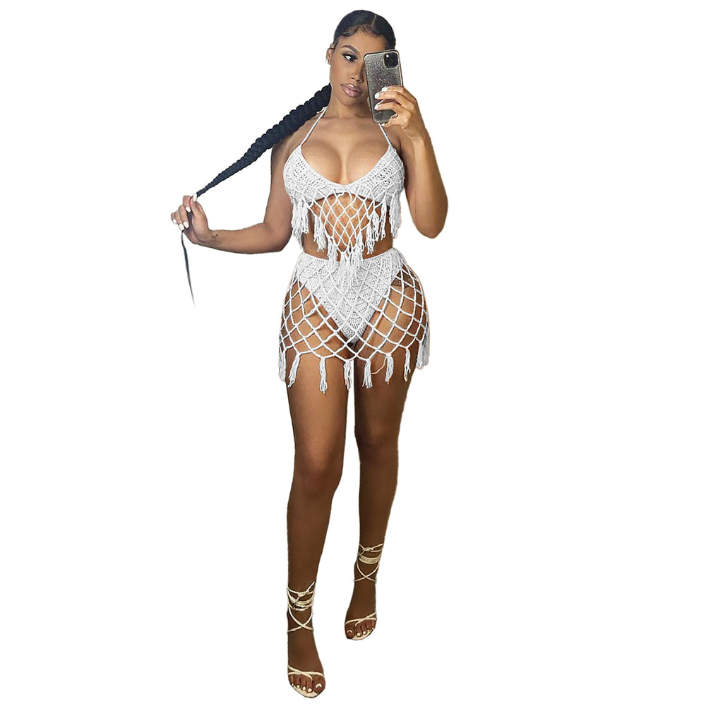 e-commerce european and american women's swimwear, sexy hand-crocheted beach cover-up, knitted casual swimsuit set - hot seller