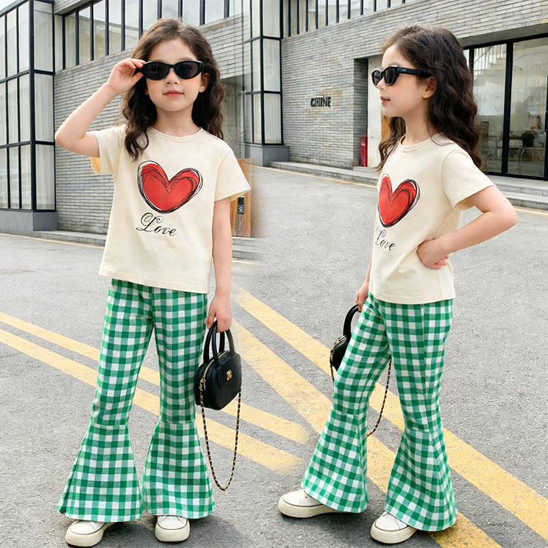Girls' summer outfit set : new summer wide-leg pants, loose-fit lightweight casual short-sleeve top and pants, cute two-piece set