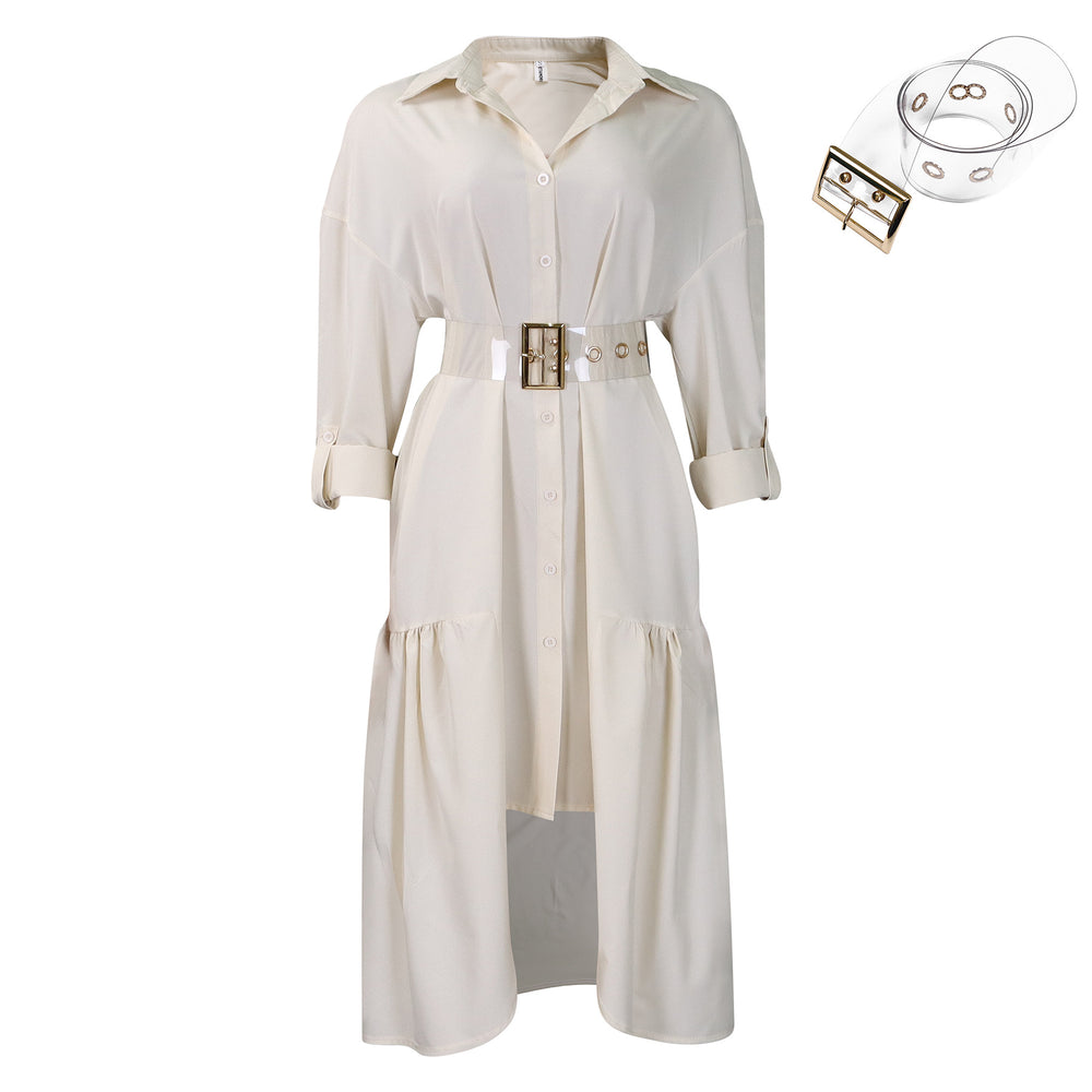D3278export women's lapel pure colorfashionloosecasual button shirt skirt asymmetricalfashiondress