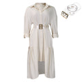 D3278export women's lapel pure colorfashionloosecasual button shirt skirt asymmetricalfashiondress