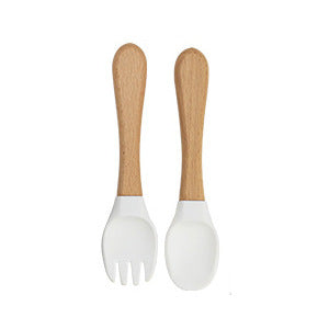 Factory direct sales silicone wooden handle complementary food fork and spoon  baby spoon baby training eating fork and spoon set wholesale