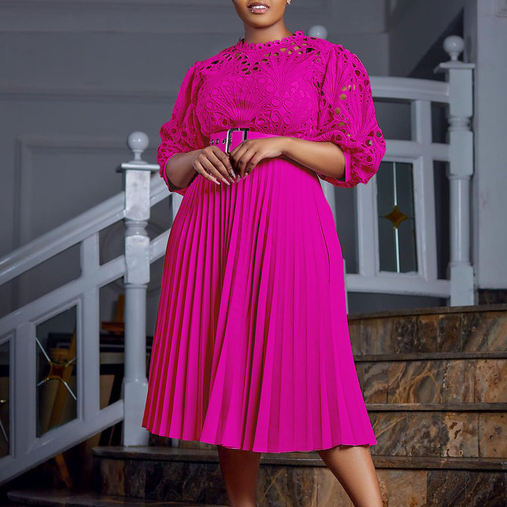 european and american women's clothing  summer new fashion elegant lace hollow-out sexy pleated plus size foreign trade dress