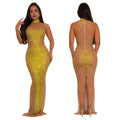 C7556 cross-border   fashion women's sexy see-through mesh rhinestone party dress