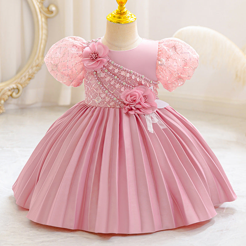 Ready-to-ship baby girl's evening gown, featuring delicate lace and a princess silhouette. perfect for model photoshoots, piano recitals, and special occasions