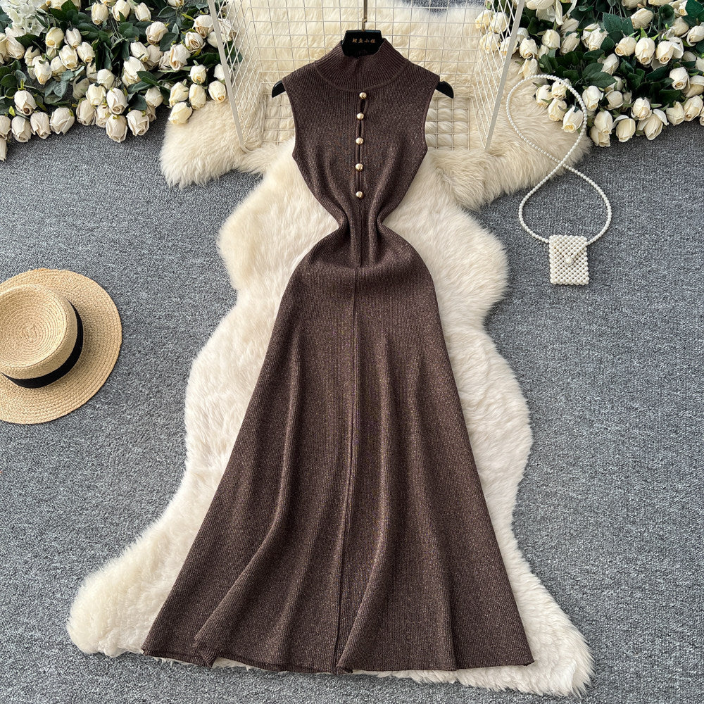 Classysense normcore style elegantcut out metal button half turtle collar dress women's fall and winterelegance bottom knitting long skirt