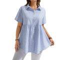 e-commerce   new summer collection: elegant, loose-fitting, casual short-sleeved striped shirt with a turn-down collar