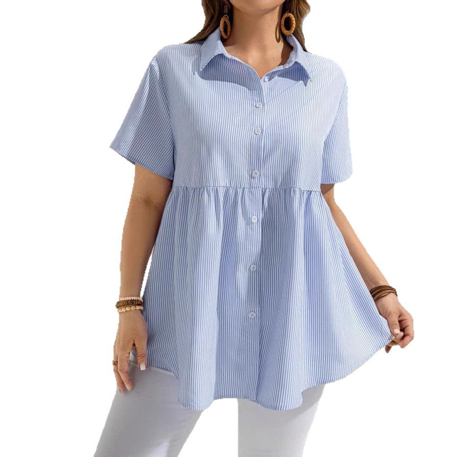 e-commerce   new summer collection: elegant, loose-fitting, casual short-sleeved striped shirt with a turn-down collar