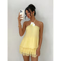Women's summer fashion elegant 3d floral embellished sexy low-rise backless ruffle hem mini dress