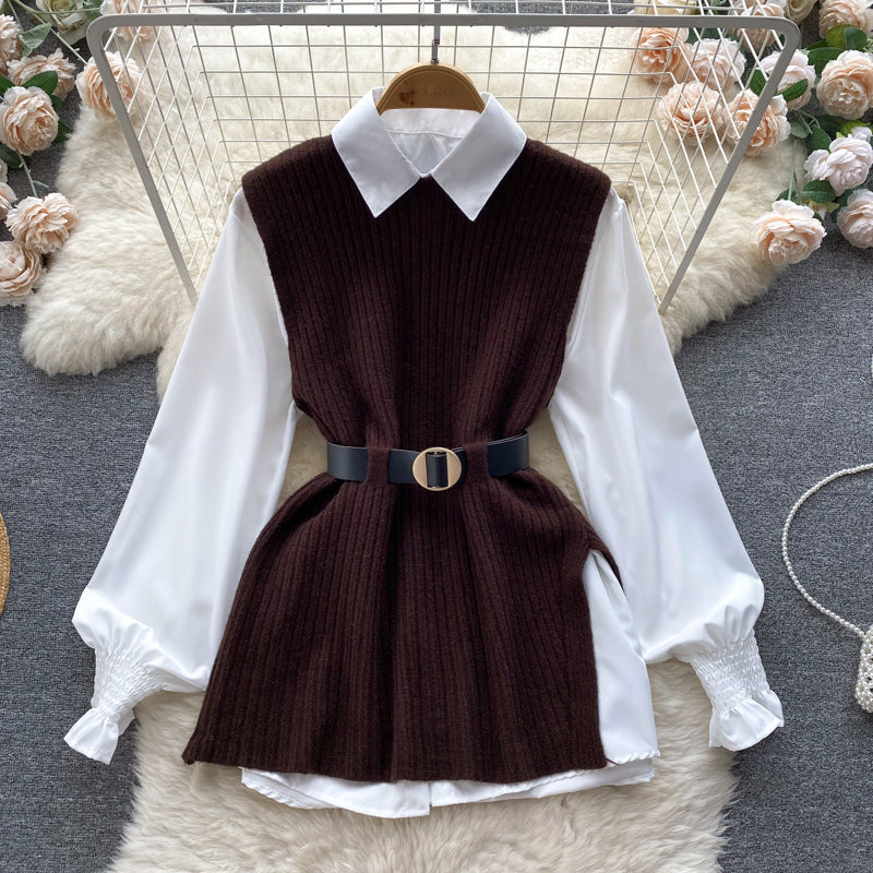 Luxury chic women's set: relaxed fit long sleeve white blouse top + slit knit vest two-piece fashion outfit