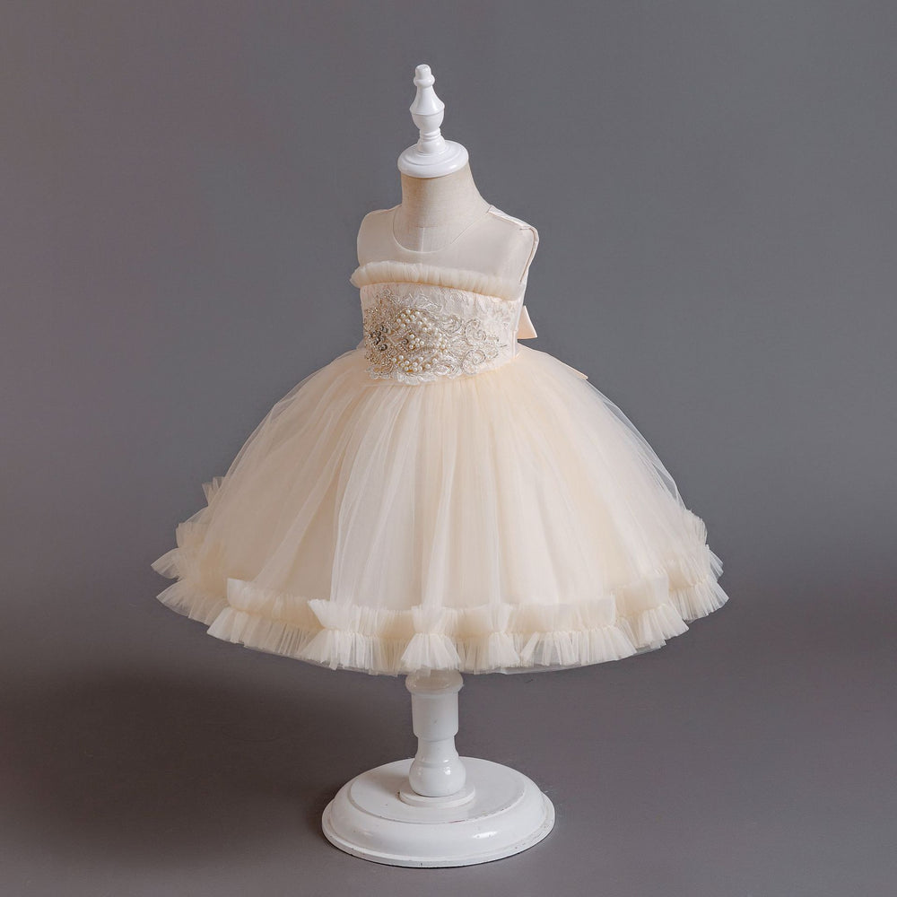 Ready-to-ship new children's formal dress: pearl-embellished tulle princess gown for baby girls, perfect for first birthday photoshoots and special occasions. kids dress