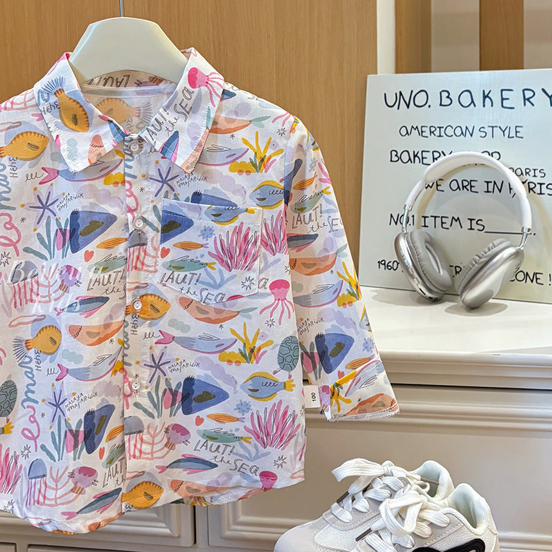Spring & fallnew arrivalshirtpure cottonkids cartoon all-over printed shirtlong sleevescomfortablecasualboy stylenew arrival