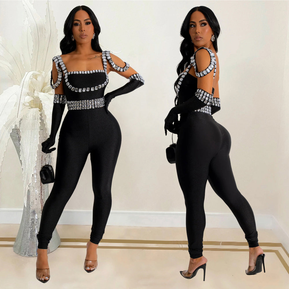 C7001 cross-border   independent station fashionfashion women's new style suspender hot diamond long jumpsuit