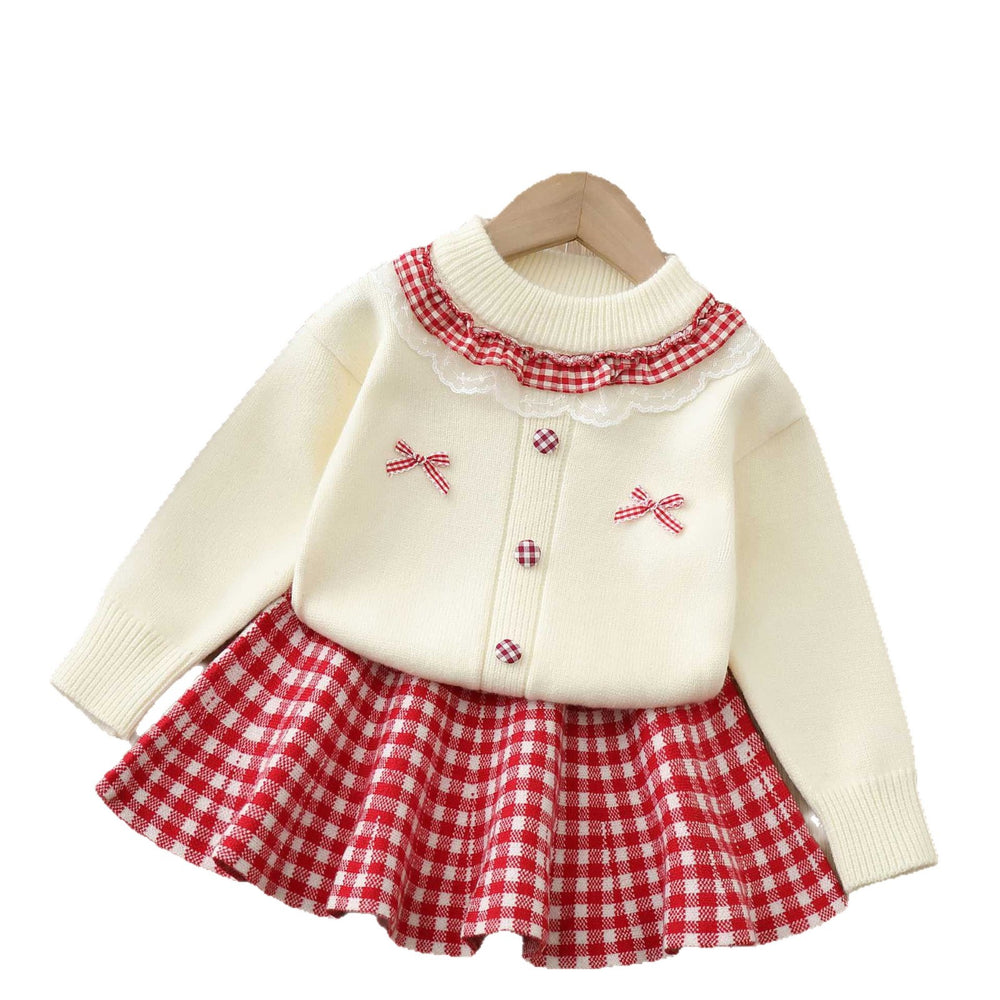Girls' sweater set: new korean style, chic bow detail, fresh plaid mini skirt two-piece outfit